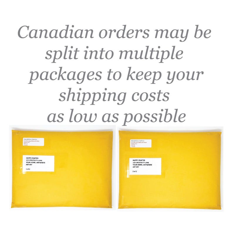 May include: Two yellow padded envelopes with white address labels. The text above reads: "Canadian orders may be split into multiple packages to keep your shipping costs as low as possible."