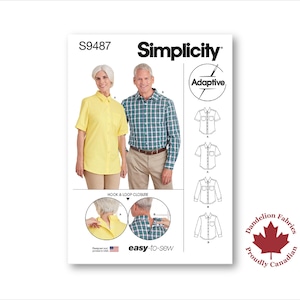 May include: Simplicity sewing pattern S9487 for adaptive shirts. The pattern features a yellow short-sleeve shirt and a green and blue plaid shirt. The pattern includes hook and loop closure and is easy-to-sew. The pattern is designed and printed in the USA.