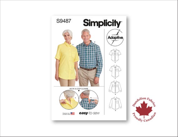Back Closure Shirt- Simplicity Pattern- Adaptive design, back velcro closure, pockets, larger neck opening- Sizes XS-XL- S9487