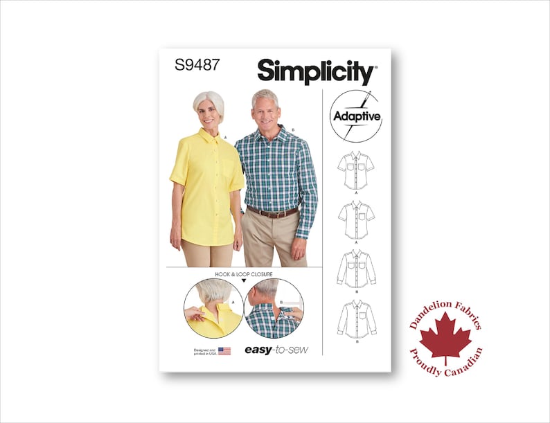 Pode incluir: Padr&atilde;o de costura Simplicity S9487 para camisas adapt&aacute;veis. O padr&atilde;o apresenta uma camisa amarela de manga curta e uma camisa xadrez verde e azul. O padr&atilde;o inclui fecho de velcro e &eacute; f&aacute;cil de costurar. Desenhado nos EUA.