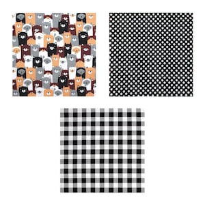 Fat Quarters- 100% Cotton Plain Weave Quilting Fabric- Black, brown, grey, white- Stacked cats, polka dots, and checks