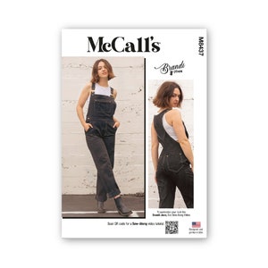 May include: McCall's M6437 Brandi Jean sewing pattern featuring a black overall jumpsuit with a white tank top. The pattern is for a women's garment.