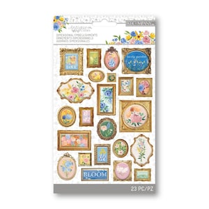 Może przedstawiać: Arkusz 23 trójwymiarowych ozdób z pozłacanymi ramami z kwiatowymi i tekstowymi wzorami. Wzory obejmują "Love", "Bloom", "Pretty Garden" i wiele innych.