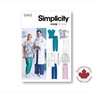 May include: Simplicity Easy-to-Sew pattern 5443 for medical scrubs and a lab coat. The pattern includes various scrub top and trouser designs in solid and floral prints. The image shows a woman and a man wearing the scrubs and lab coat.