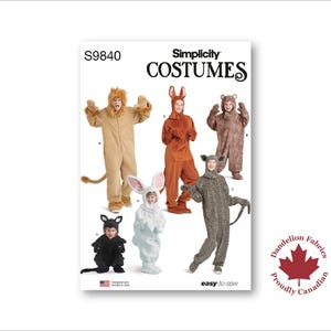 May include: A Simplicity Costumes pattern showcasing animal costumes such as a lion, rabbit, bear, and leopard. The costumes are displayed in full, with features like tails and hoods. The pattern is marked as "easy-to-sew."