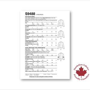 May include: A white sewing pattern sheet with the text "S9488" and diagrams of cardigans. The sheet includes fabric requirements, sizes, and measurements in inches. A red maple leaf logo with the text "Dandelion Fabrics Proudly Canadian" is in the bottom right corner.