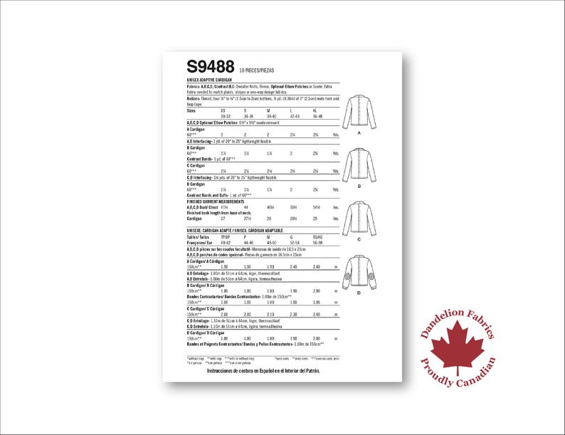 May include: A white sewing pattern sheet with the text "S9488" and diagrams of cardigans. The sheet includes fabric requirements, sizes, and measurements in inches. A red maple leaf logo with the text "Dandelion Fabrics Proudly Canadian" is in the bottom right corner.