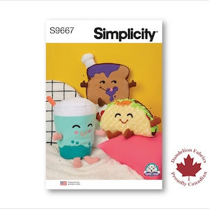 Może przedstawiać: Wzór szycia Simplicity S9667 do szycia pluszowych zabawek. Wzór zawiera instrukcje do szycia tosta, taco i boba tea. Wzór jest wydrukowany na białym tle z żółtą ramką. Wzór jest otoczony czerwoną i białą flagą Kanady.
