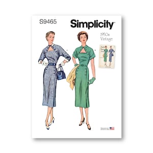 May include: Simplicity sewing pattern S9465, 1950s Vintage, featuring two women's dresses. The dress on the left is a blue and white plaid dress with a white collar and a belt. The dress on the right is a solid green dress with a white collar and a belt.