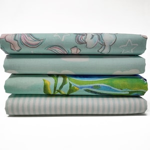 Aqua & White Fat Quarters- Cotton Quilting Fabric- Unicorns, Clouds, Whales, and Stripes