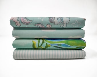 Aqua & White Fat Quarters- Cotton Quilting Fabric- Unicorns, Clouds, Whales, and Stripes
