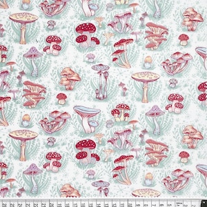 May include: A white background with a repeating pattern of red and white mushrooms. The mushrooms are drawn in a vintage style with intricate details.