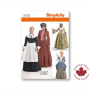 1860s Peasant Dress- Simplicity Pattern- Mid 19th C dress, Polonaise option, apron, Puritan collar, pelerine, 3 hat styles- Sizes 6-22- 3723
