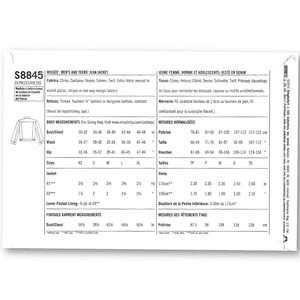 May include: A white paper pattern for a jean jacket, labelled S8845, with measurements in centimetres and metres. The pattern includes instructions in English and French, with fabric and notion details.