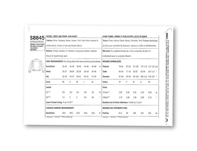 May include: A white paper pattern for a jean jacket, labelled S8845, with measurements in centimetres and metres. The pattern includes instructions in English and French, with fabric and notion details.