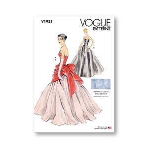May include: A vintage Vogue sewing pattern for a formal gown. The pattern is for a strapless gown with a large bow at the waist. The pattern is from the 1950s and is in excellent condition.