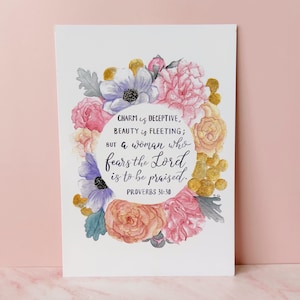 Tarjeta con ilustraciones de Proverbios 31 para mujer / Belleza interior, versículos bíblicos, aniversario, boda, amistad, hermana en Cristo, flores de acuarela