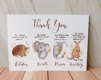 Australian Animals Thank You Card: Watercolor Teacher Appreciation