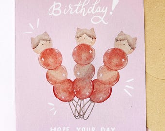 Kawaii Cats Birthday Card: Japanese Dango Watercolor Art