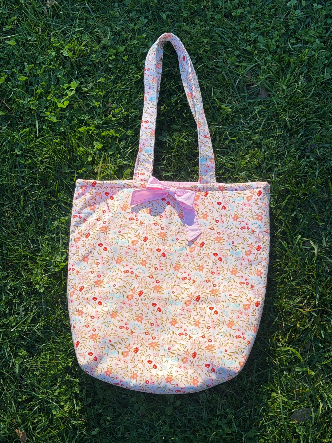 Pink Floral Cotton Tote Bag With Bow | Reusable Everyday Bag - Etsy