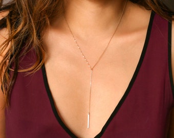Skinny Bar Drop Necklace, Dainty Short Lariat Necklace, Bridesmaid Gift, Simple Y Necklace in Sterling Silver, Gold, Rose Necklace