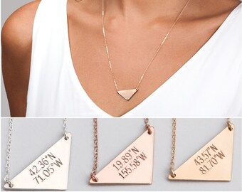 Coordinates Necklace, Location GPS Custom Coordinates, Latitude Longitude, in 14k Gold Filled, Sterling Silver, RoseTriangle Necklace