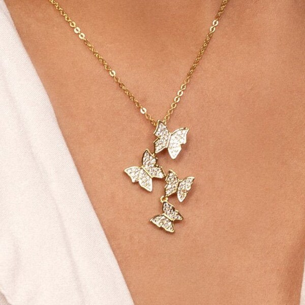 Butterfly Necklace, Gold Butterfly Necklace, Dainty Butterfly Necklace, CZ Stones