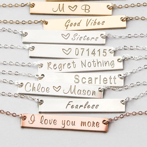 Custom Name Bar Necklace, Personalized Necklace, Initial Bar Necklace in Sterling Silver, Gold, Rose Gold, Jewelry Gift