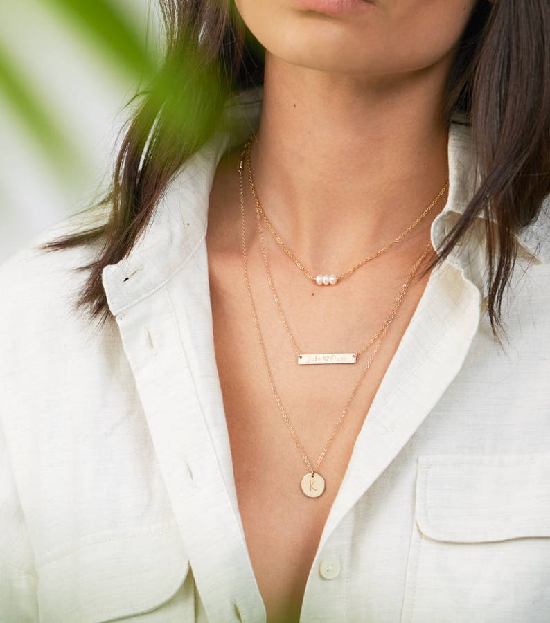 Pearl Choker Necklace Personalized Bar Necklace Set With Pearl Necklace Monogram Dainty Gold Layering Necklace Gold Bar Necklace