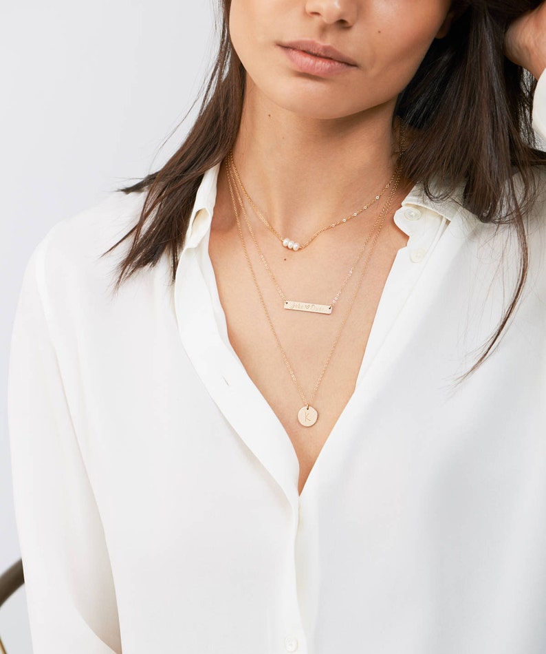 Pearl Choker Necklace Personalized Bar Necklace Set With Pearl Necklace Monogram Dainty Gold Layering Necklace Gold Bar Necklace