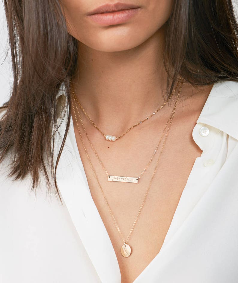 Pearl Choker Necklace Personalized Bar Necklace Set With Pearl Necklace Monogram Dainty Gold Layering Necklace Gold Bar Necklace
