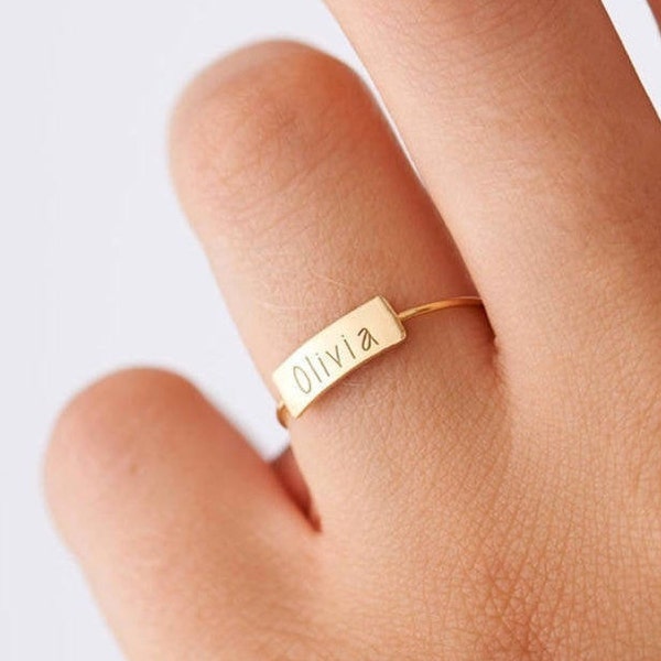 Personalized Name Ring, Custom Initials Stacking Ring, Children Names Bar Ring, in Sterling Silver, Gold