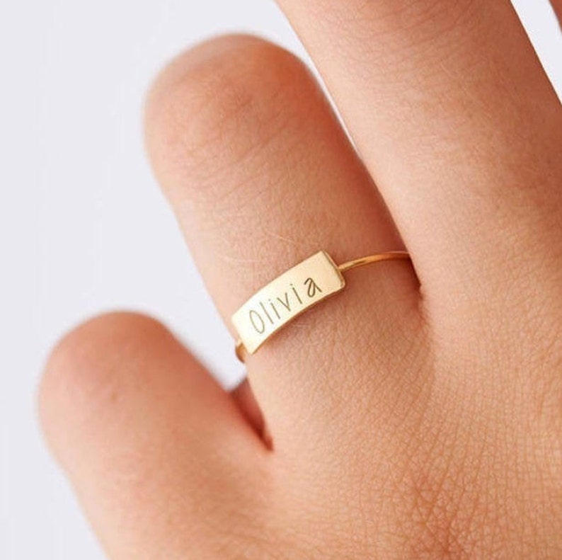 Personalized Name Ring, Custom Initials Stacking Ring, Children Names Bar Ring, in Sterling Silver, Gold 
