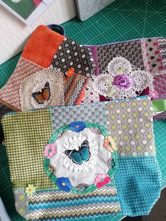 Large storage bags, 'Frankensteign' exposed stitching, 4.5"boxed bottom, 15.5" x 11.5", zipped top, removable grab handle, 3 to choose from