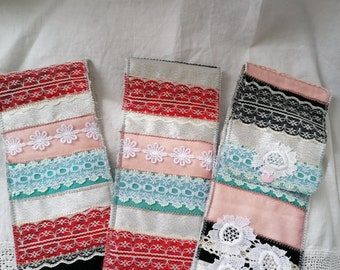 shabby chic style, lace, long pouches, great for shorter knitting needles, crochet hooks, pens, pencils anything! 10.5" x 3.5"- you choose