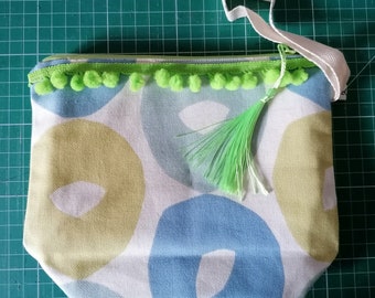 project bag, notions bag, lime green pompom trim, grab handle, 2 designs to choose from
