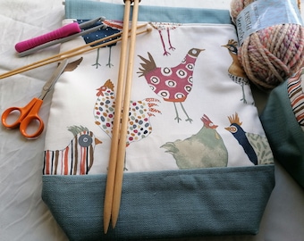 Large project bag, drawstring, knitting, crochet, quilting, blanket, funky chickens, crazy chicken lady