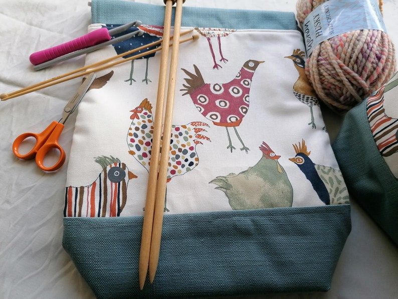 Large project bag, drawstring, knitting, crochet, quilting, blanket, funky chickens, crazy chicken lady image 1