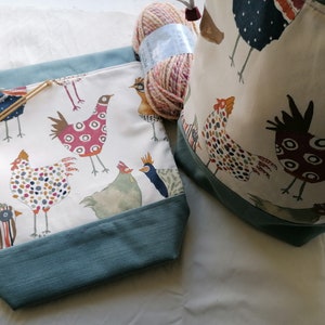 Large project bag, drawstring, knitting, crochet, quilting, blanket, funky chickens, crazy chicken lady image 2