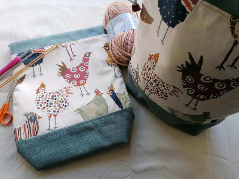 Large project bag, drawstring, knitting, crochet, quilting, blanket, funky chickens, crazy chicken lady image 2