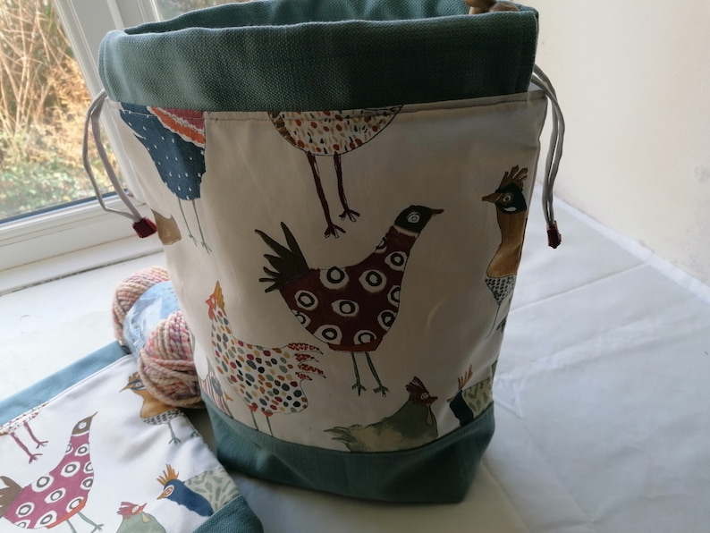 Large project bag, drawstring, knitting, crochet, quilting, blanket, funky chickens, crazy chicken lady image 3