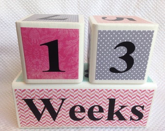 Milestone Blocks for Baby and Pregnancy: Pink, Teal and Grey, Maternity Photo Prop - Wooden Age Blocks - Baby Age Blocks - Baby Photo Prop