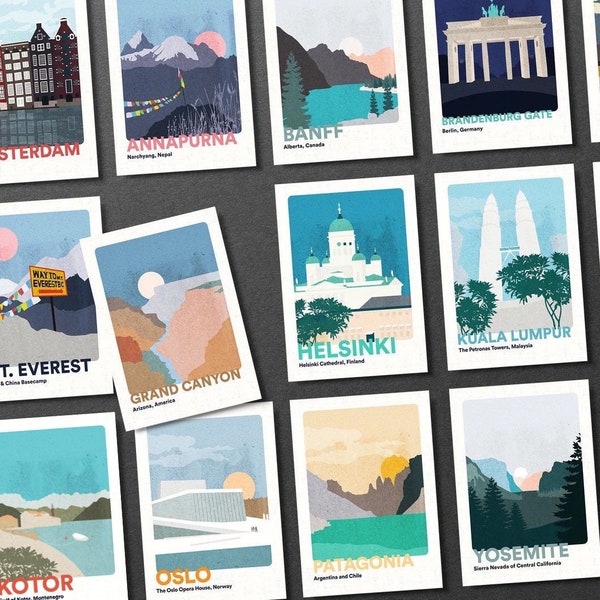 Lot de 15 cartes postales de voyage. Volume 2 cadeaux de cartes postales. Tirages d'art et cartes de mariage. Pack d'illustrations Minimal Wanderlust.