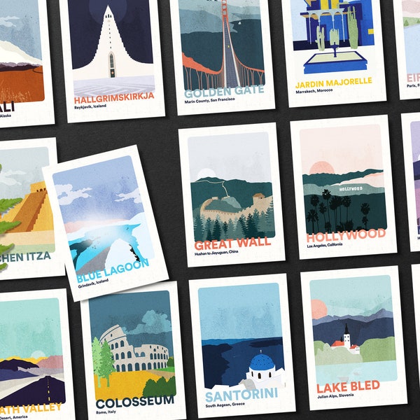 Travel Postcards Set of 15. Postcard Gift Set. Art Prints and Wedding Placecard. Illustration Pack Minimal Wanderlust.