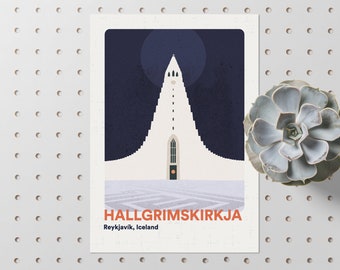 Iceland Poster // Reykjavik Posters // Hallgrimskirkja Church Wall Art Prints // Travel Illustration Minimalist Wanderlust