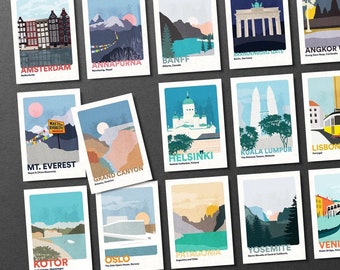 Travel Postcards Set of 15. Volume 2 Postcard Gifts. Art Prints and Wedding Cards. Illustration Pack Minimal Wanderlust.