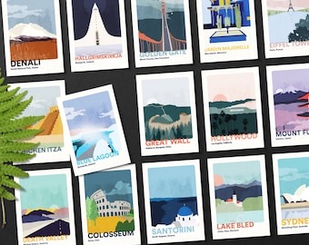 May include: A set of 15 illustrated postcards featuring famous landmarks and locations around the world. Each postcard features a colorful, stylized illustration of the landmark, along with its name and location. The postcards are arranged in a grid pattern on a black surface.