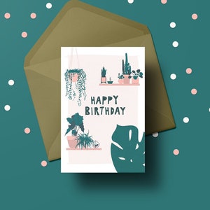 Cartão de feliz aniversário, lindo cartão de felicitações de planta de casa