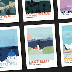 May include: A set of colorful travel posters featuring iconic landmarks around the world. The posters include images of the Great Wall of China, Hollywood sign, Mount Fuji, Santorini, Lake Bled, and the Sydney Opera House. Each poster includes the name of the landmark and its location.