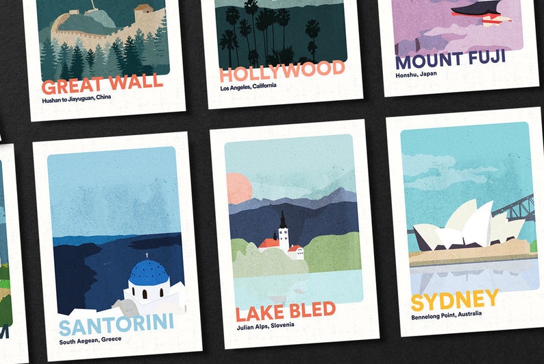 May include: A set of colorful travel posters featuring iconic landmarks around the world. The posters include images of the Great Wall of China, Hollywood sign, Mount Fuji, Santorini, Lake Bled, and the Sydney Opera House. Each poster includes the name of the landmark and its location.